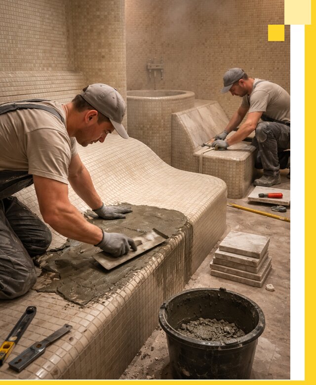 Лежаки для хамама под ключ в Кохме, проект и монтаж